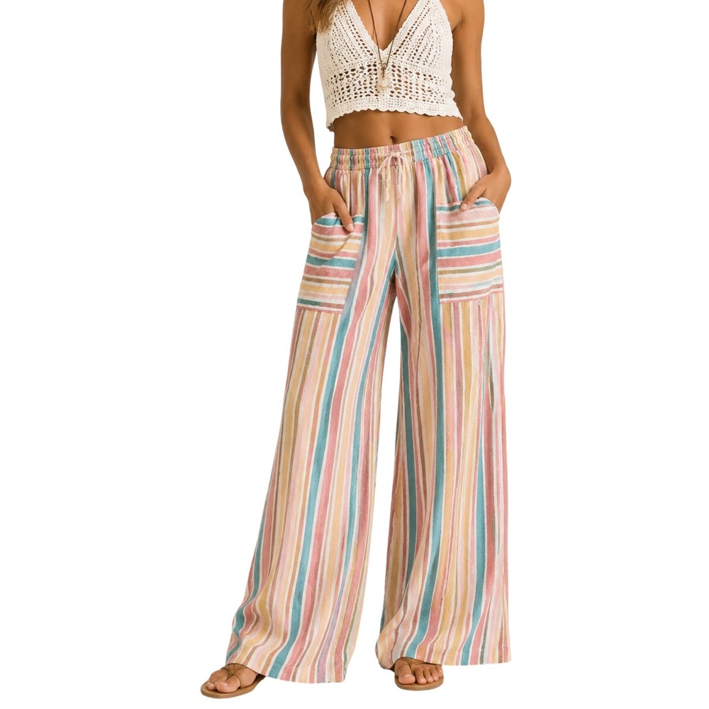 Roxy Pants Womens Medium Pink Teal Striped Linen Blend Wide Leg Beach Boho